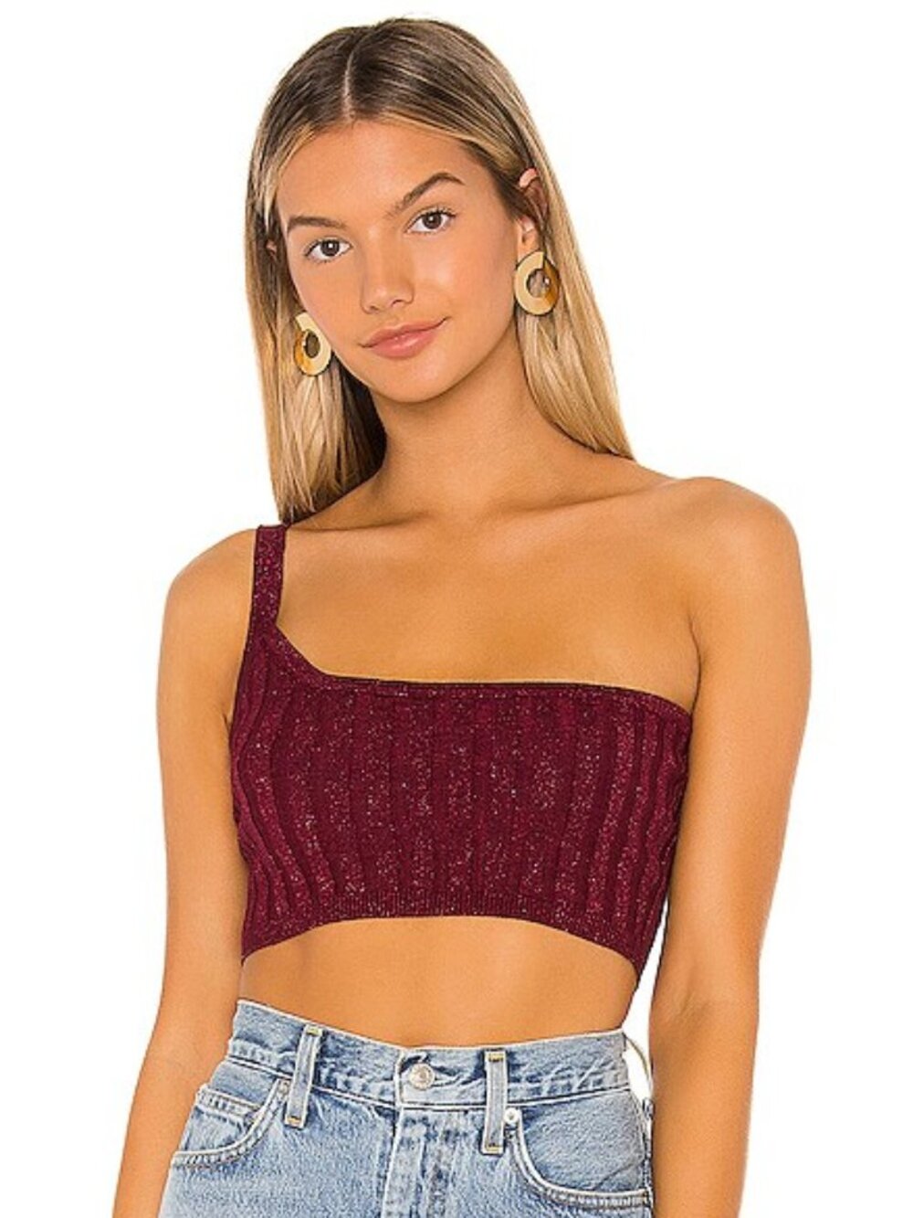 Revolve Superdown Iris Wine Red Glitter Ribbed Knit One Shoulder Crop Top